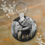 Elegant Gold Script Love Black and White Photo Keychain<br><div class="desc">Personalize with your favourite photo,  featuring a beautiful gold script font with the word love,  creating a unique memory and gift to treasure! Designed by Thisisnotme©</div>