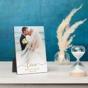 Elegant Gold Script Love Wedding Photo Plaque