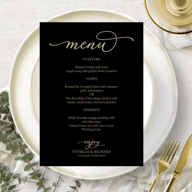 Élégant Gold Script Menu Mariage noir (Créateur téléchargé)