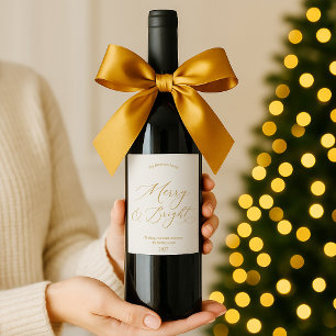 Elegant Gold Script “Merry & Bright” Christmas Wine Label