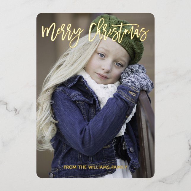 Elegant Gold Script Merry Christmas Custom Photo Foil Holiday Card (Front)