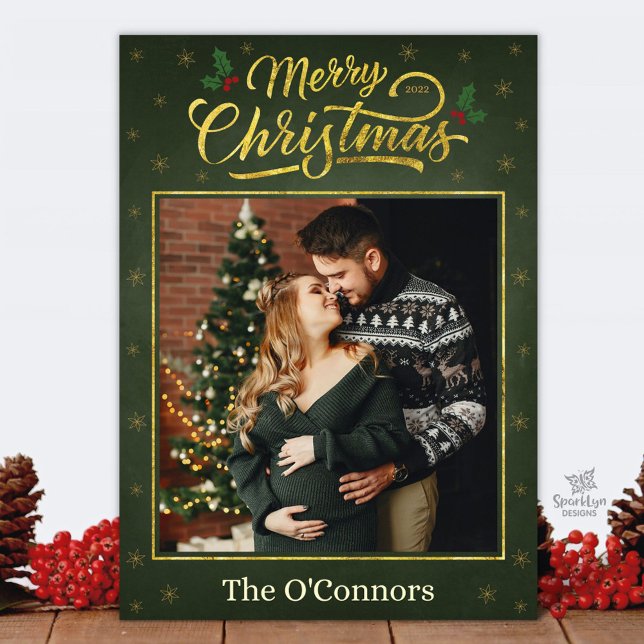 Elegant Gold Script Merry Christmas Family Card (Glitter details are simulated in artwork. No actual glitter will be used in the making of product.)