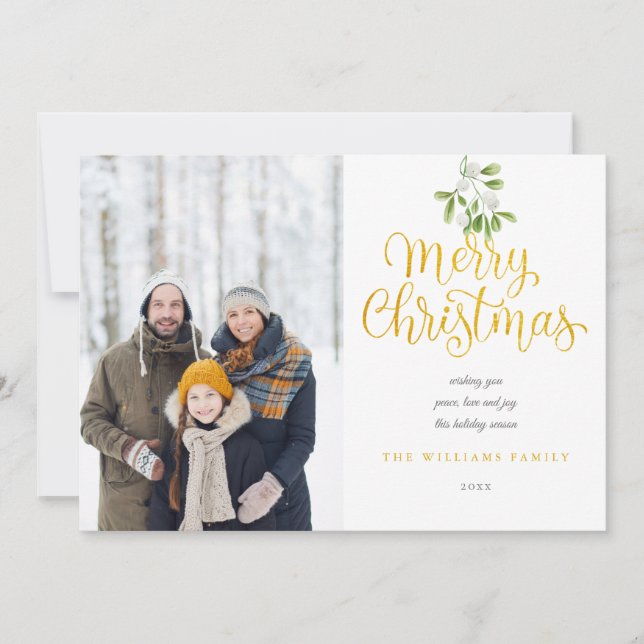 Elegant Gold Script Merry Christmas Mistletoe Holiday Card (Front)