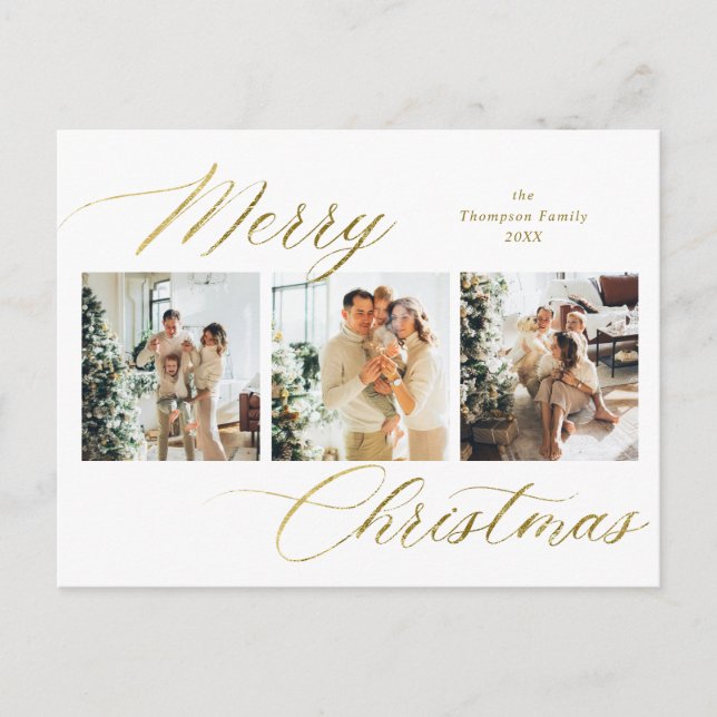 Elegant Gold Script Merry Christmas Photo Collage Holiday Postcard (Front)
