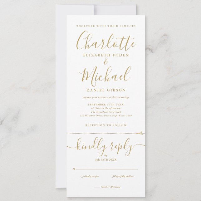 Elegant Gold Script Minimalist All In One Wedding Invitation (Front)