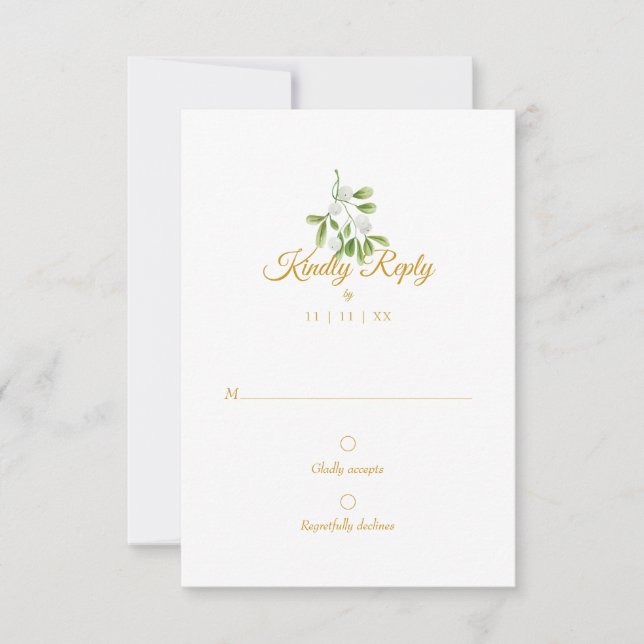 Elegant Gold Script Mistletoe Winter Wedding RSVP (Front)