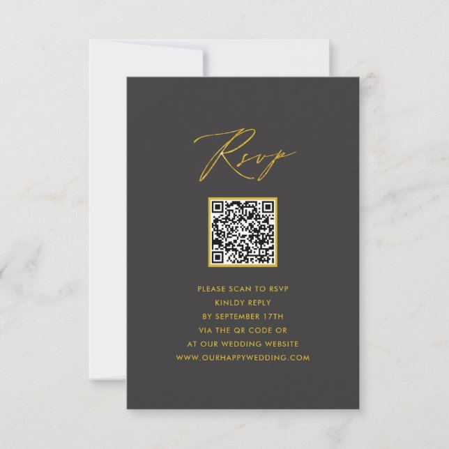 Elegant Gold Script Modern Grey QR Wedding RSVP (Front)