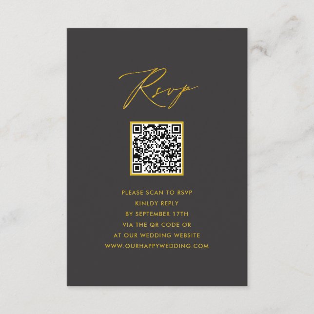 Elegant Gold Script Modern Grey QR Wedding RSVP Enclosure Card (Front)