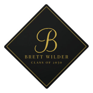 Elegant Gold Script Monogram Black Modern Graduation Cap Topper