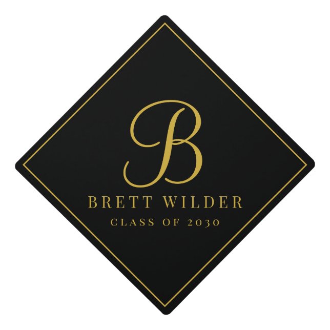 Elegant Gold Script Monogram Black Modern Graduation Cap Topper (Front)