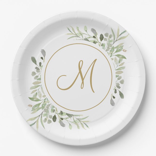Elegant Gold Script Monogram Greenery Paper Plate (Front)