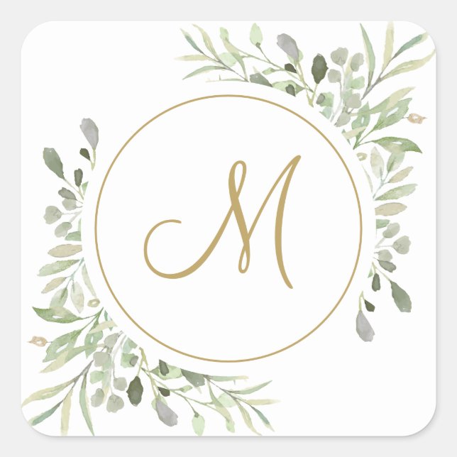 Elegant Gold Script Monogram Greenery Square Sticker (Front)