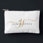 Elegant Gold Script Name Monogram Accessory Pouch<br><div class="desc">A stylish gold script monogram pouch featuring a flowing signature style initial paired with a clean name layout. The simple gold lettering creates a polished look while keeping the design minimal and easy to read. A practical and personalized choice for organizing makeup, travel essentials, or small accessories. Also makes a...</div>