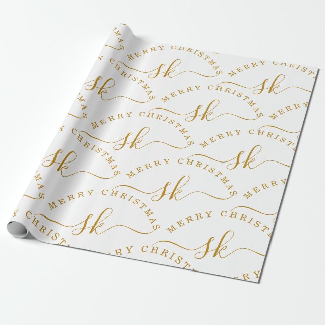 Elegant Gold Script Name Monogram Merry Christmas Wrapping Paper (Unrolled)