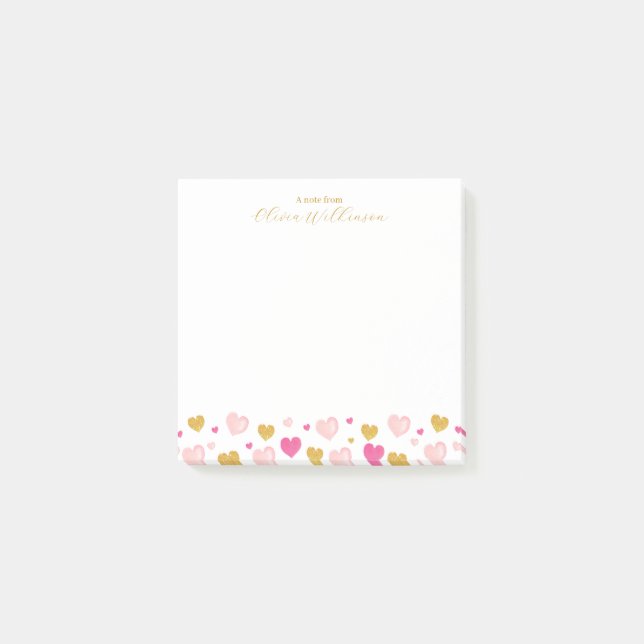 Elegant Gold Script Name| Watercolor Hearts Post-it Notes (Front)