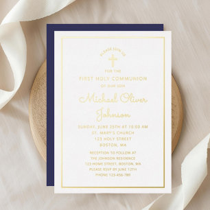 Elegant Gold Script Navy Blue First Communion