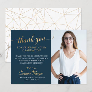 Elegant Gold Script Navy Blue Graduation Photo Tha Thank You Card