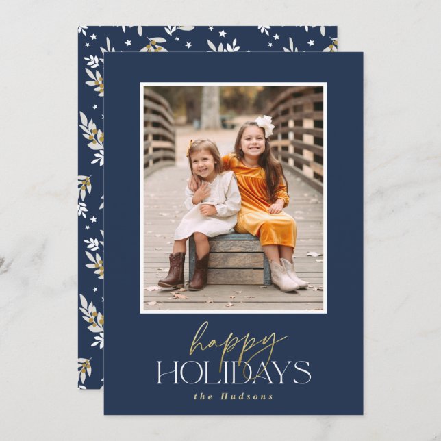 Elegant Gold Script Navy Calligraphy Photo Holiday Card (Front/Back)