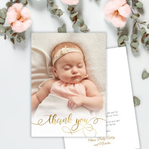 Élégant Gold Script Nouveau-né Baby Photo Merci