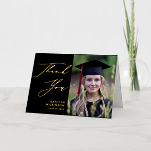 Elegant Gold Script on Black Graduation Thank You Foil Greeting Card