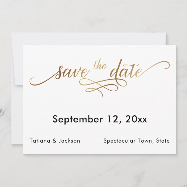 Elegant Gold Script on Simple Save the Date (Front)