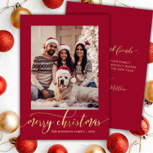 Elegant Gold Script One Photo Red Christmas Holiday Card