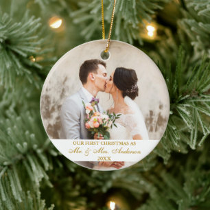 Elegant Gold Script Our First Christmas 2 Photo Ceramic Ornament