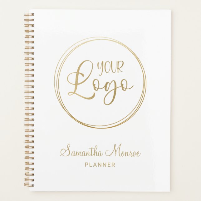 Elegant Gold Script Personalized Business Logo Planner (Front)
