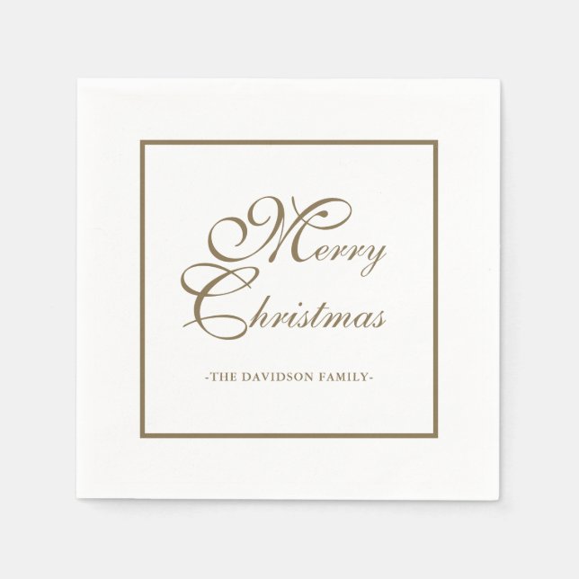 Elegant Gold Script Personalized White Christmas Napkin (Front)