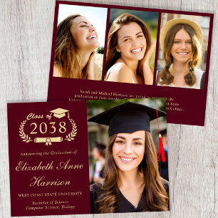 Elegant Gold Script Photo Burgundy Red Graduation Announcement