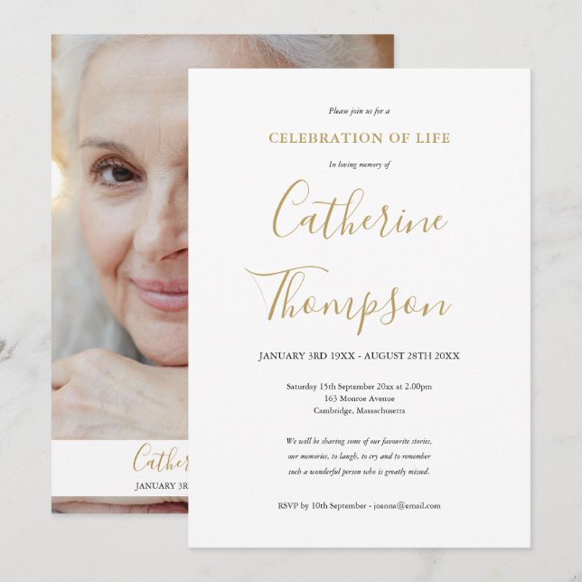 Elegant Gold Script Photo Funeral Invitation (Front/Back)