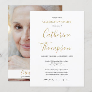 Elegant Gold Script Photo Funeral Invitation