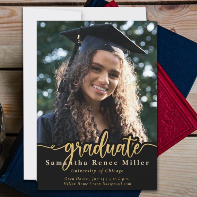 Elegant Gold Script Photo Graduation  Invitation (Creator Uploaded)