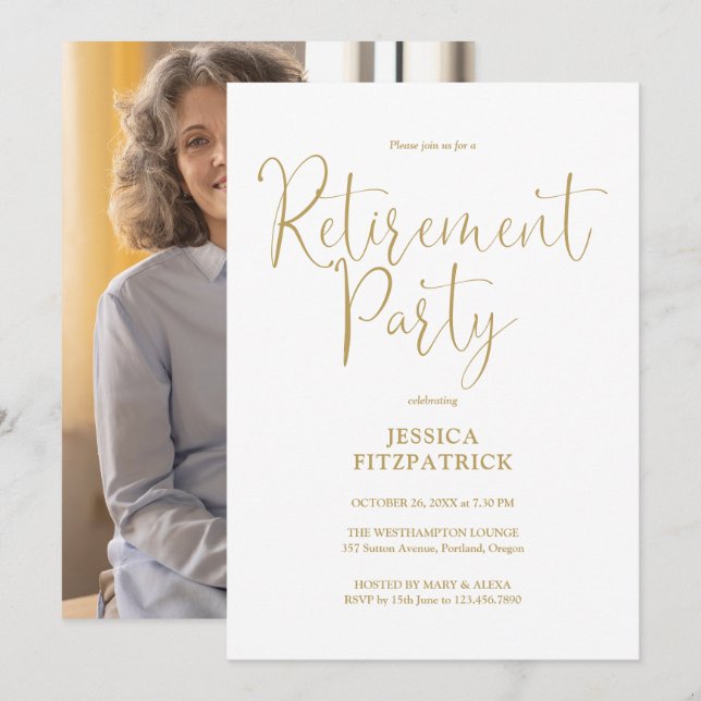 Elegant Gold Script Photo Retirement Party Invitation (Front/Back)