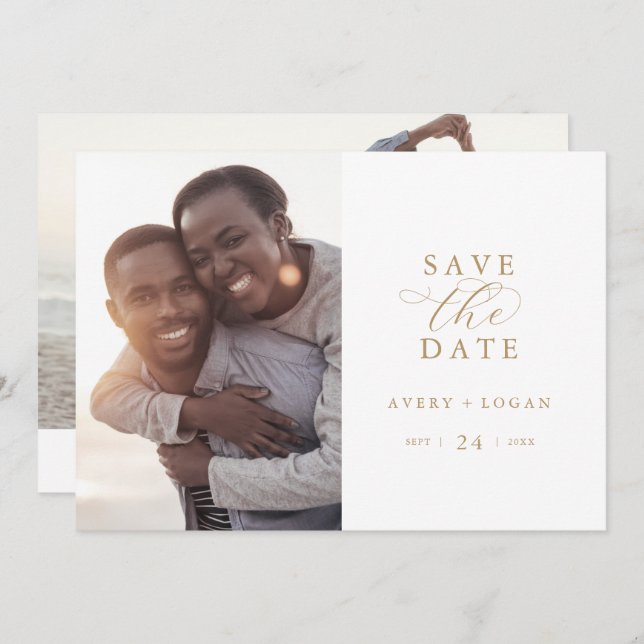 Elegant Gold Script Photo Save The Date (Front/Back)
