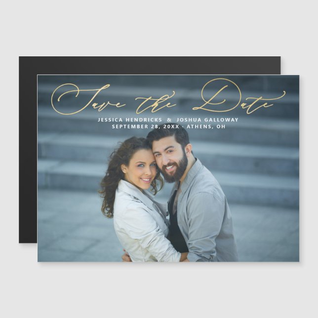 Elegant Gold Script Photo Save the Date Magnet (Front/Back)