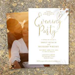 Elegant Gold Script Photo Wedding Evening Party Invitation