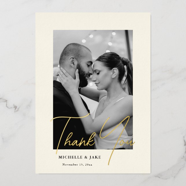 Elegant Gold Script Photo Wedding Thank You Card (Front)