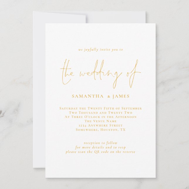 Elegant Gold Script QR Code Wedding Invitation (Front)