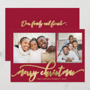 Elegant Gold Script Red 2 Photo Collage Christmas Holiday Card