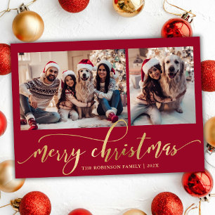 Elegant Gold Script Red 2 Photo Collage Christmas Holiday Card