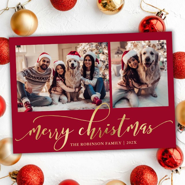 Elegant Gold Script Red 2 Photo Collage Christmas Holiday Card (Creator Uploaded)