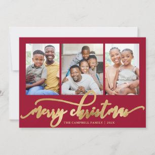 Elegant Gold Script Red 3 Photo Collage Christmas Holiday Card