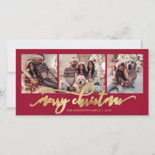 Elegant Gold Script Red 3 Photo Collage Christmas Holiday Card