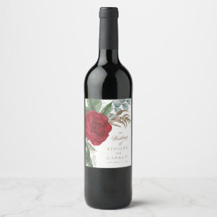 Elegant Gold Script Red Floral Wedding Wine Label