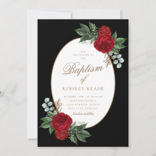 Elegant Gold Script Red Peonies Baptism Invitation