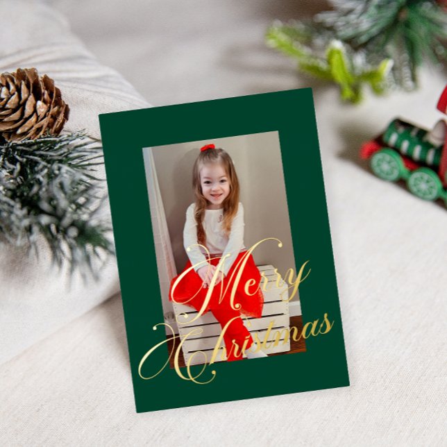 Elegant Gold Script Rich Green Frame Photo Foil Holiday Card (Creator Uploaded)