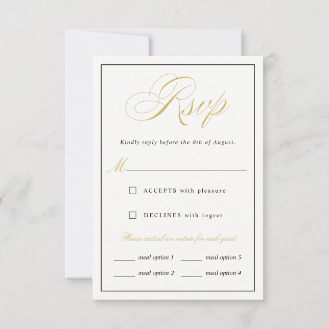 Elegant Gold Script RSVP  meal options vertical (Front)