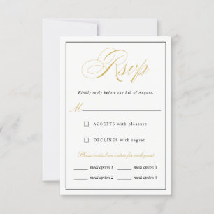 Elegant Gold Script RSVP meal options vertical Card