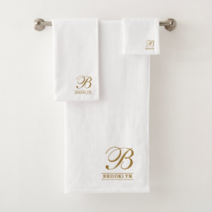 Elegant Gold Script Serif Monogram White Bath Towel Set